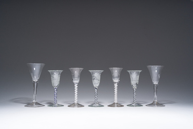 A varied collection of seven glasses, three of which with etched floral design, 18th/19th C.