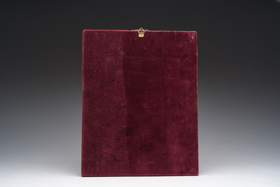 A Russian orthodox 'Virgin Mary Tricherousa (the three-handed)' icon with partly enamelled brass oklad or riza, 19th C.