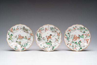 Six Chinese famille verte 'Kylin' saucers and four cups, Kangxi