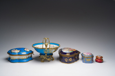 Four Sevres style porcelain boxes and a gilt bronze-mounted bowl, 20th C.