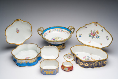 Four Sevres style porcelain boxes and a gilt bronze-mounted bowl, 20th C.