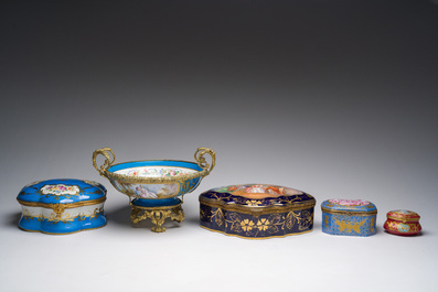Four Sevres style porcelain boxes and a gilt bronze-mounted bowl, 20th C.