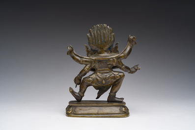 A Sino-Tibetan gilt bronze 'Mahakala' sculpture with polychrome design, 19th/20th C.