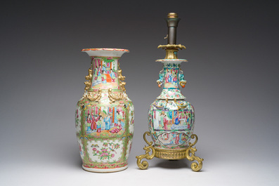 Two Chinese Canton famille rose vases with palace scenes and floral design, one of which mounted as lamp, 19th C.