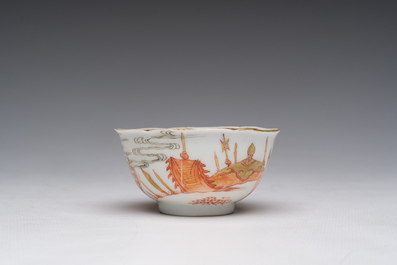 A Chinese iron-red and gilt 'Sanguozhi yanyi' cup and saucer, Yongzheng