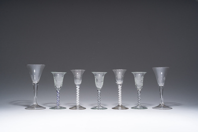 A varied collection of seven glasses, three of which with etched floral design, 18th/19th C.