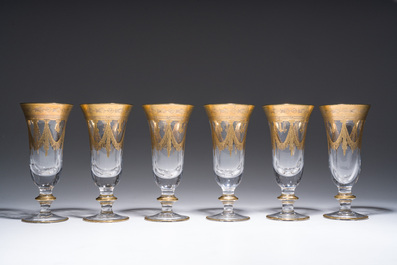 Six Italian crystal champagne glasses with partly gilt design, 20th C.