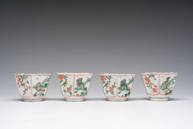 Six Chinese famille verte 'Kylin' saucers and four cups, Kangxi