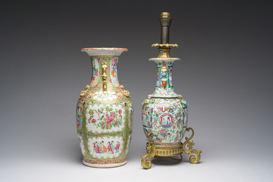 Two Chinese Canton famille rose vases with palace scenes and floral design, one of which mounted as lamp, 19th C.
