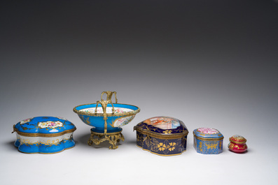 Four Sevres style porcelain boxes and a gilt bronze-mounted bowl, 20th C.