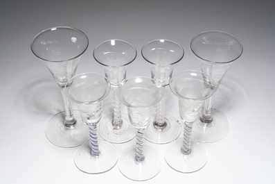 A varied collection of seven glasses, three of which with etched floral design, 18th/19th C.