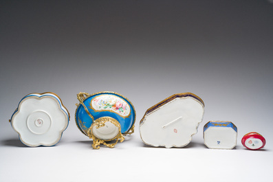 Four Sevres style porcelain boxes and a gilt bronze-mounted bowl, 20th C.