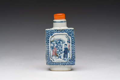 A Chinese blue, white and copper-red snuff bottle with figurative design, 19th C.