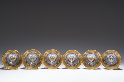 Six Italian crystal champagne glasses with partly gilt design, 20th C.