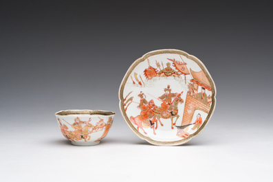 A Chinese iron-red and gilt 'Sanguozhi yanyi' cup and saucer, Yongzheng