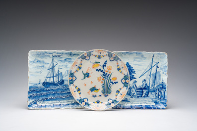 Two square blue and white Dutch Delft 'herring fishery' dishes and a polychrome 'quails' plate, 18th/19th C.