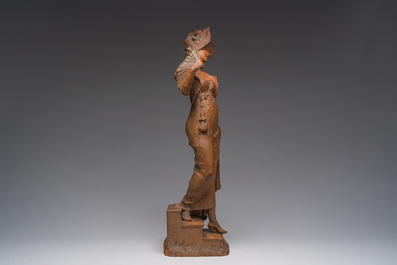 Dominique Van Den Bossche (1854-1906): Young lady with a fan descending the stairs, patinated terracotta, dated 1900