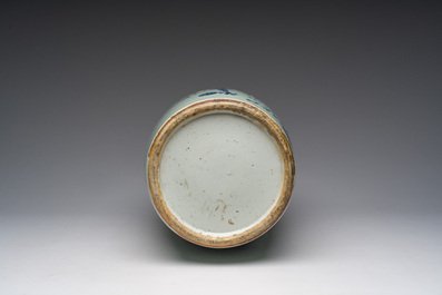 A Chinese blue and white celadon ground 'auspicious symbols' vase, 19th C.
