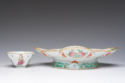 A Chinese famille rose Wu Shuang Pu bowl and a cup and saucer, Tongzhi mark and of the period