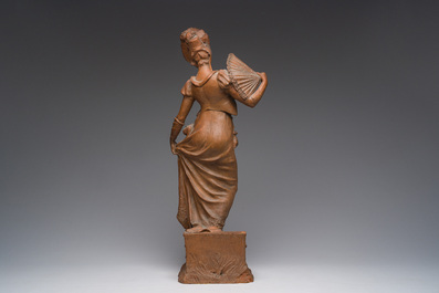 Dominique Van Den Bossche (1854-1906): Young lady with a fan descending the stairs, patinated terracotta, dated 1900