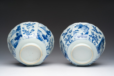 Een paar Chinese blauw-witte kommen met geanimeerde landschappen en floraal decor, Kangxi