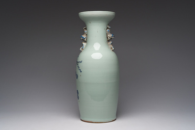 A Chinese blue and white celadon ground 'auspicious symbols' vase, 19th C.