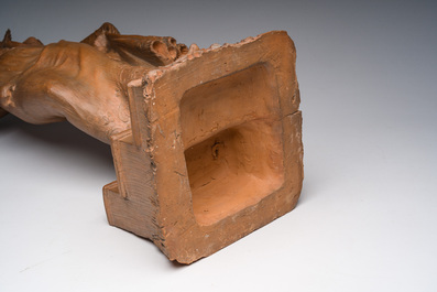 Dominique Van Den Bossche (1854-1906): Young lady with a fan descending the stairs, patinated terracotta, dated 1900