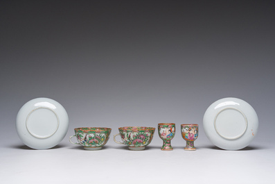 A Chinese 20-piece Canton famille rose tea service with floral design and palace scenes, 19th C.