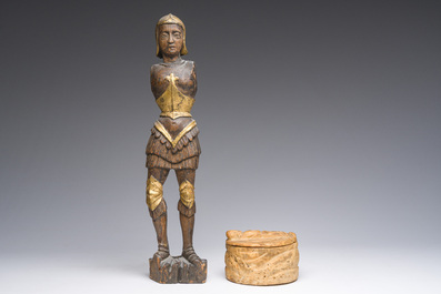 A Flemish parcel-gilt wooden 'soldier', a double-sided bronze cross, a Russian orthodox travel icon and a carved stone box and cover, 16th C. onwards
