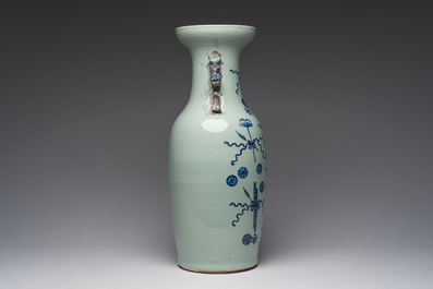 A Chinese blue and white celadon ground 'auspicious symbols' vase, 19th C.
