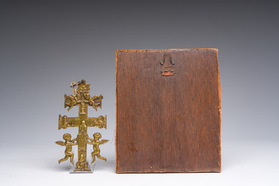 A Flemish parcel-gilt wooden 'soldier', a double-sided bronze cross, a Russian orthodox travel icon and a carved stone box and cover, 16th C. onwards