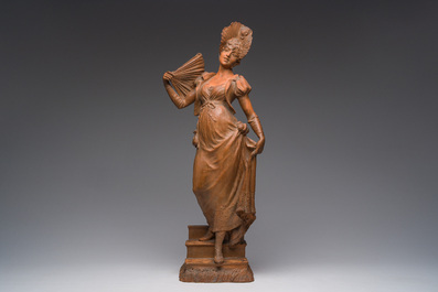 Dominique Van Den Bossche (1854-1906): Young lady with a fan descending the stairs, patinated terracotta, dated 1900