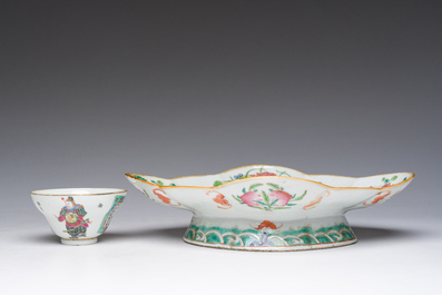 A Chinese famille rose Wu Shuang Pu bowl and a cup and saucer, Tongzhi mark and of the period