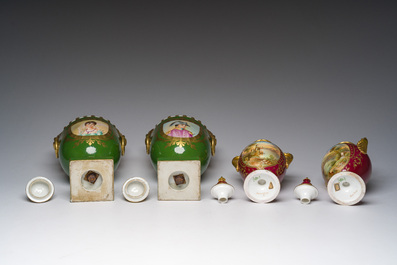 Een paar Franse verguld porseleinen dekselvazen met Napoleon en Josephine en een paar Engelse met landschappen, 19de/20ste eeuw