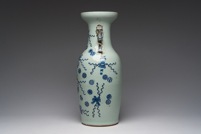 A Chinese blue and white celadon ground 'auspicious symbols' vase, 19th C.