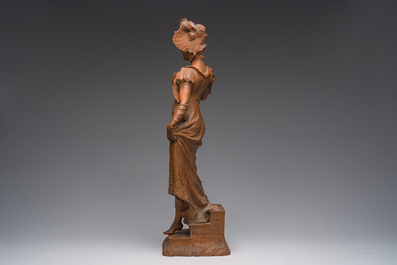 Dominique Van Den Bossche (1854-1906): Young lady with a fan descending the stairs, patinated terracotta, dated 1900
