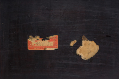 A Chinese rectangular lacquered wooden low table with figures in a garden, 19th/20th C.