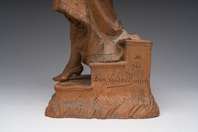 Dominique Van Den Bossche (1854-1906): Young lady with a fan descending the stairs, patinated terracotta, dated 1900