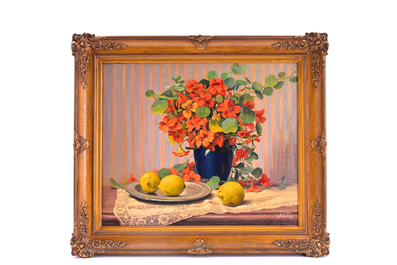 Albert Caullet (1875-1950): Interior &amp; Still life with flowers and lemons, oil on canvas