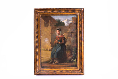 European school, illegibly signed: Girl resting at the cemetery, oil on canvas, 19th C.