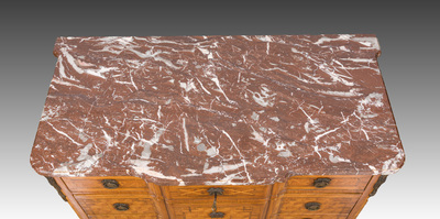 A French Transition style bronze mounted marquetry chest of drawers with red marble top, marked Faubourg Saint Antoine, 19th C.