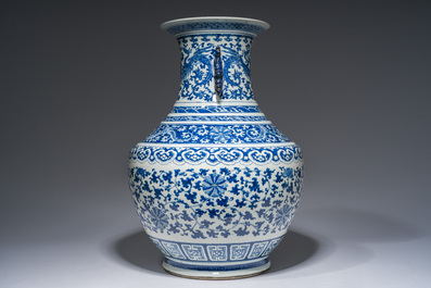 A large Chinese blue and white 'hu' vase with phoenixes and lotus scrolls, 19th C.