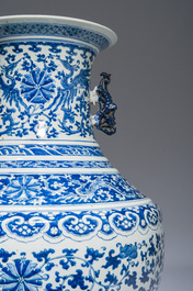 A large Chinese blue and white 'hu' vase with phoenixes and lotus scrolls, 19th C.