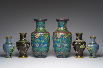 Nine Chinese cloisonn&eacute; vases and a covered bowl, 20th C.