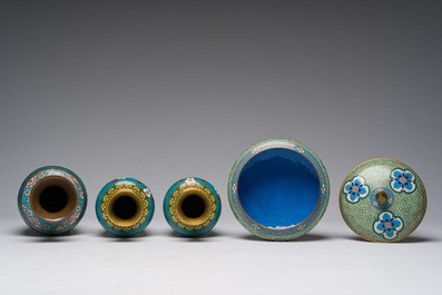 Nine Chinese cloisonn&eacute; vases and a covered bowl, 20th C.