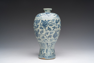 A Chinese blue and white 'lotus scroll' meiping vase, Ming