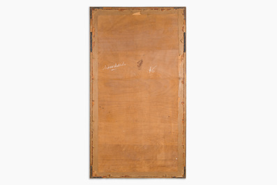 Een uitzonderlijk groot paar Chinese met zijde geborduurde panelen met onsterfelijken op rode fondkleur, 19de eeuw