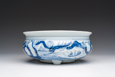 A Chinese blue and white tripod censer with figures in a landscape, 19th C.