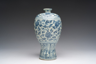 A Chinese blue and white 'lotus scroll' meiping vase, Ming