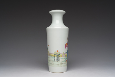 A Chinese famille rose vase with figures in a garden, Qianlong mark, Republic
